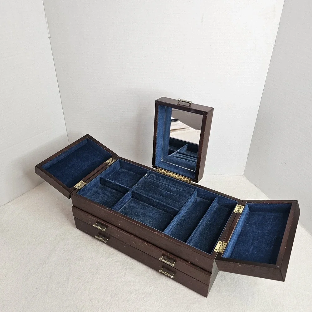 VTG Mid Century Modern Wood Jewelry Box 2 Drawer Blue Velvet Lined MCM Mirror